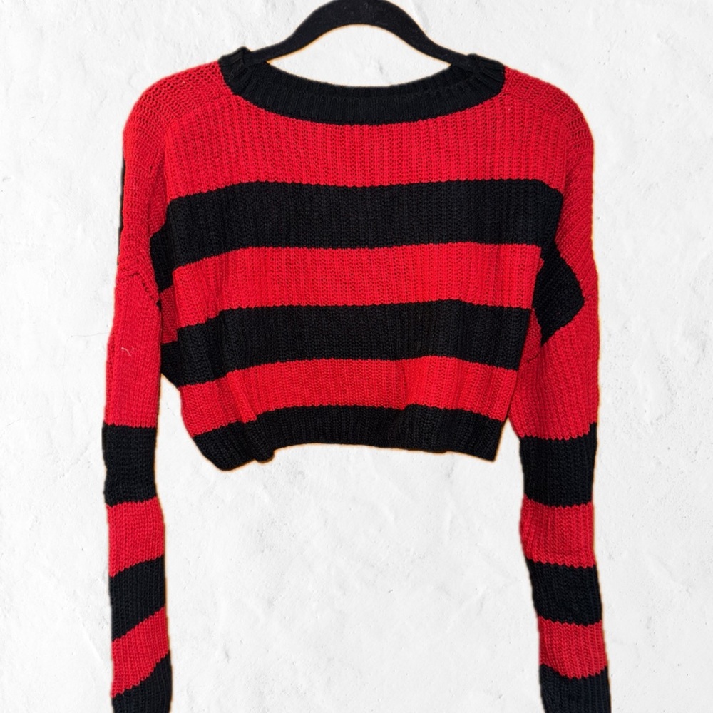 Red and Black Striped Cropped Sweater